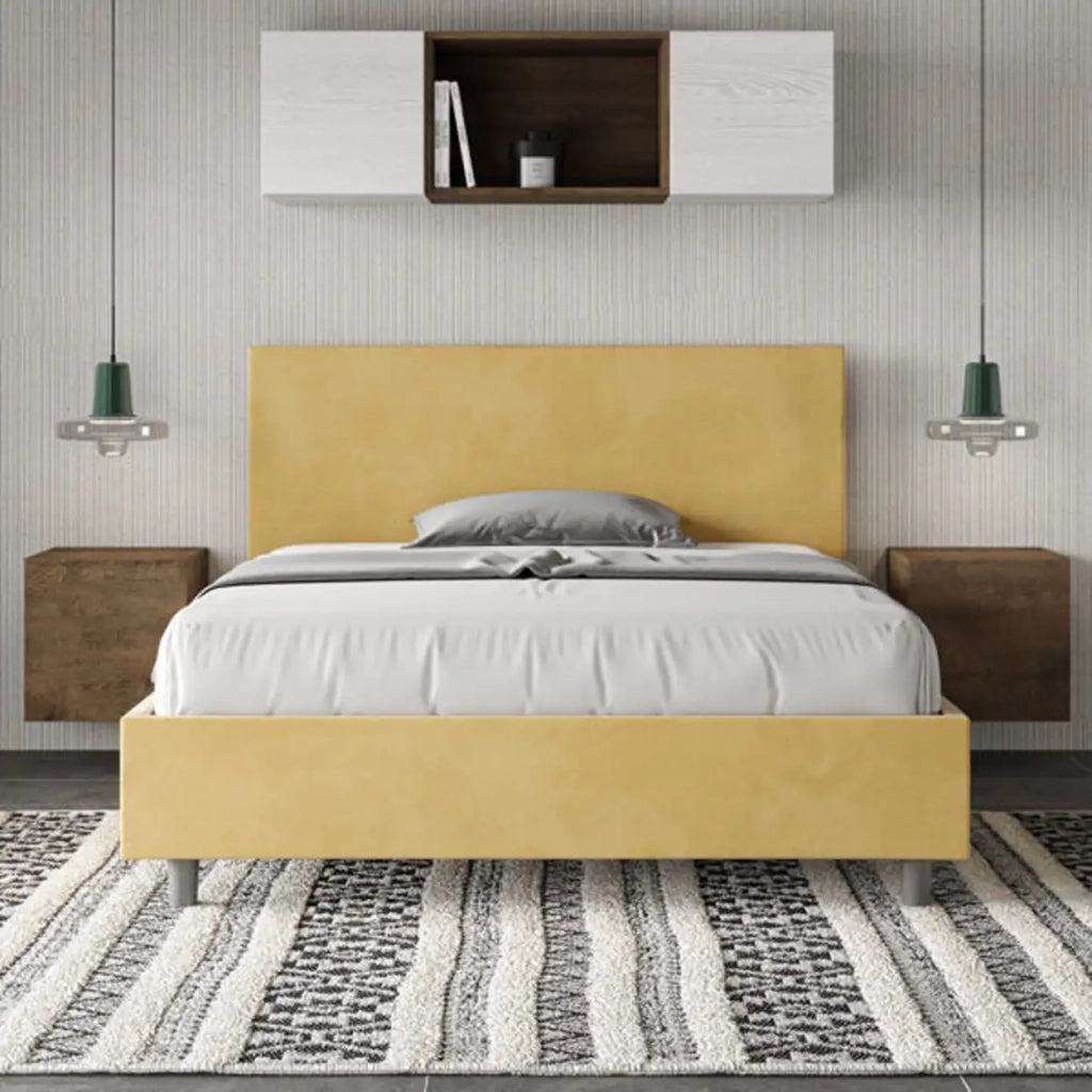 Letto matrimoniale francese contenitore imbottito 140x210 microfibra ocra Adele