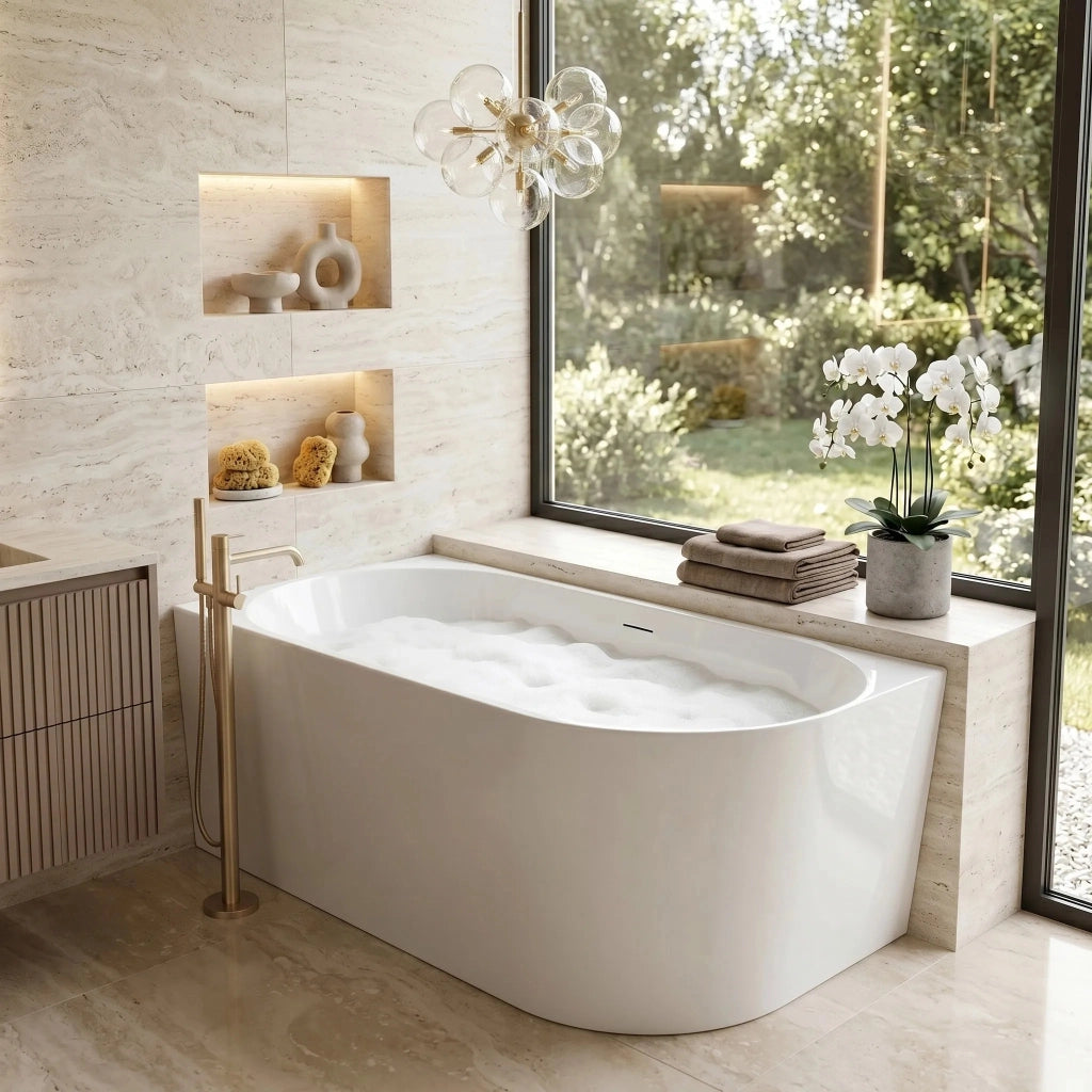 Vasca Da Bagno Angolare In Acrilico Rea Bellanto Slim 150 Left Copritappo bianco