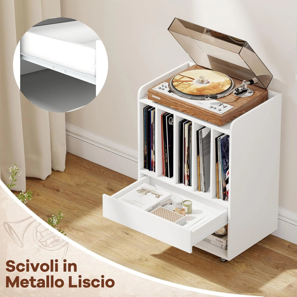 Mobile Porta Vinili con 4 Ruote Universali, Porta Dischi Vinile con Cassetto, Scomparto Aperto e Gancio Rimovibile, Mobile Giradischi Salvaspazio per Studio, Ufficio e Soggiorno (Bianco)