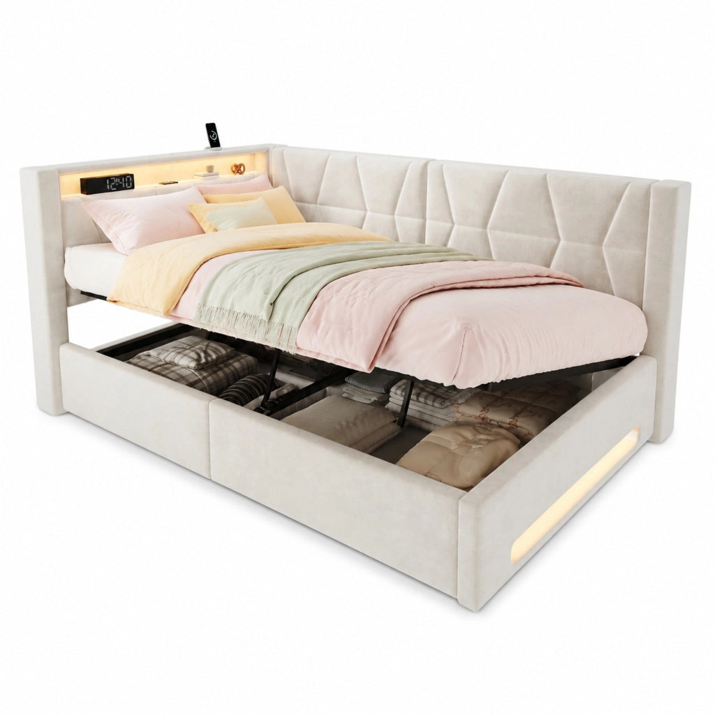 Letto imbottito 90x200 cm con contenitore; LED e USB Type-C in velluto beige