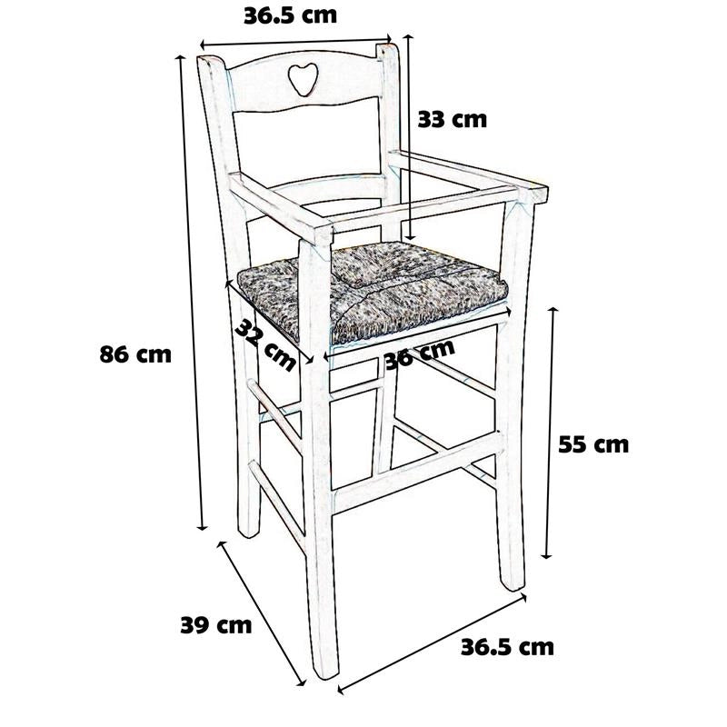 SEGGIOLONE IN LEGNO NOCE CON SEDUTA IN PAGLIA E CUORE INTAGLIATO SULLA SPALLIERA REALIZZATO IN FAGGIO 36×39×86 CM