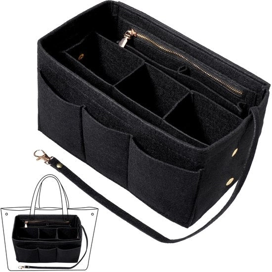 Organizzatore per borsa a mano - più compartimenti - cerniere - anello per chiave - organizzatore per borsa a mano - nero - M