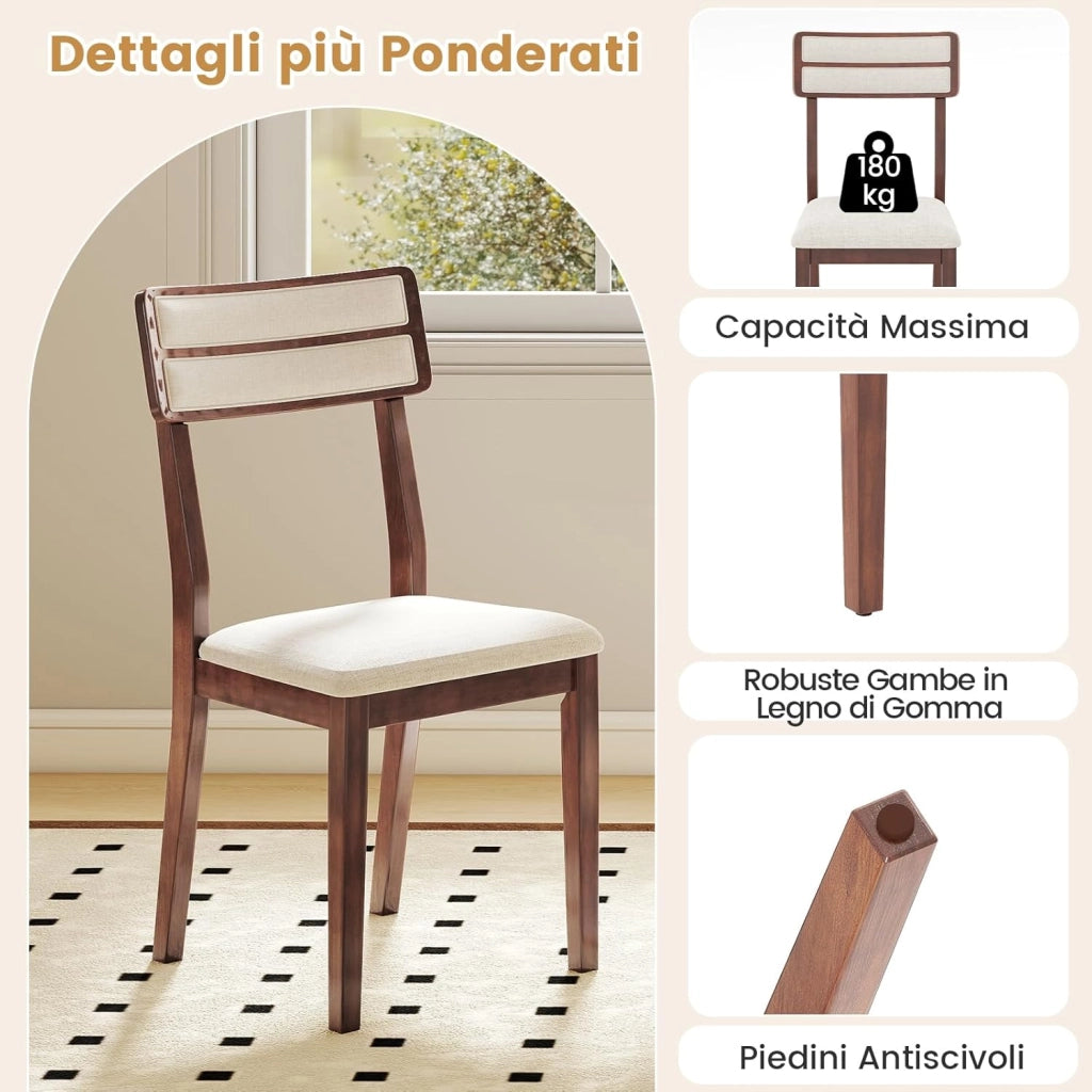 Set di 2 Sedie da Pranzo Moderne, Sedie Cucina in Tessuto con Schienale Inclinato, Gambe in Legno di Gomma e Seduta mbottita, Portata 180 kg, Ideale per Sala da Pranzo, Soggiorno (Marrone)