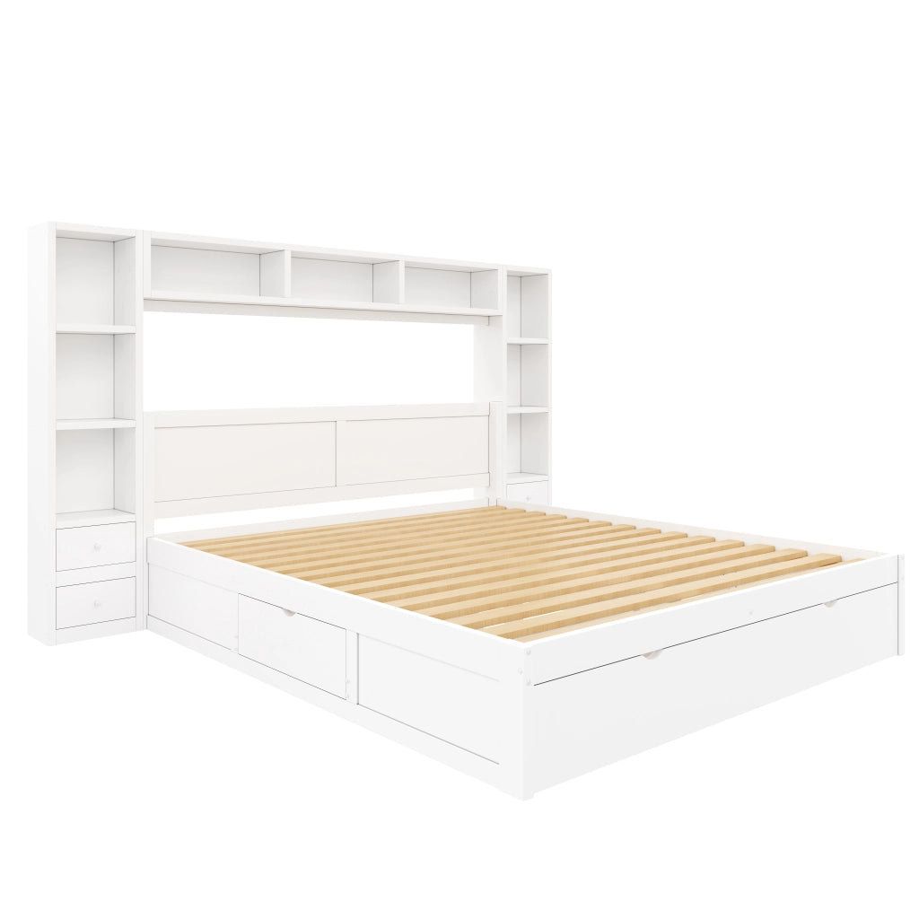 Letto contenitore 140x200 bianco con 7 cassetti; testiera libreria e luce LED