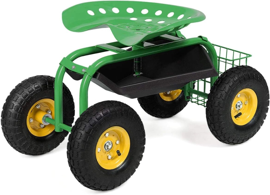 Sgabello da Giardino, Sgabello per Giardinaggio con Ruote, Sedile Regolabile in Altezza e Girevole a 360°, Cestello e Vassoio, Carrello per Prato e Giardino, Portata 150 kg(Rosso)