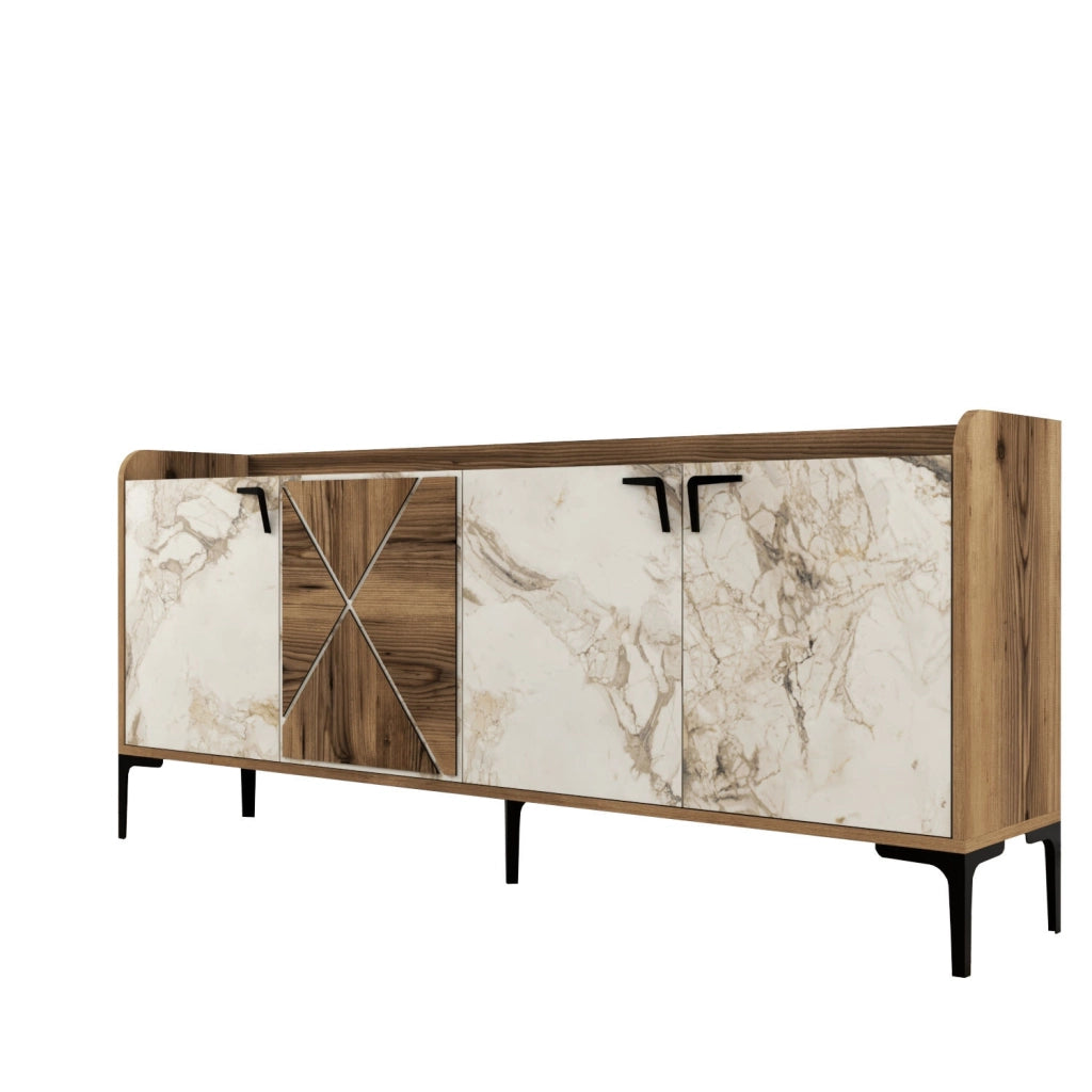 Credenza in legno "Venedik" - 180 x 35 x 78 cm - Bianco marmorizzato