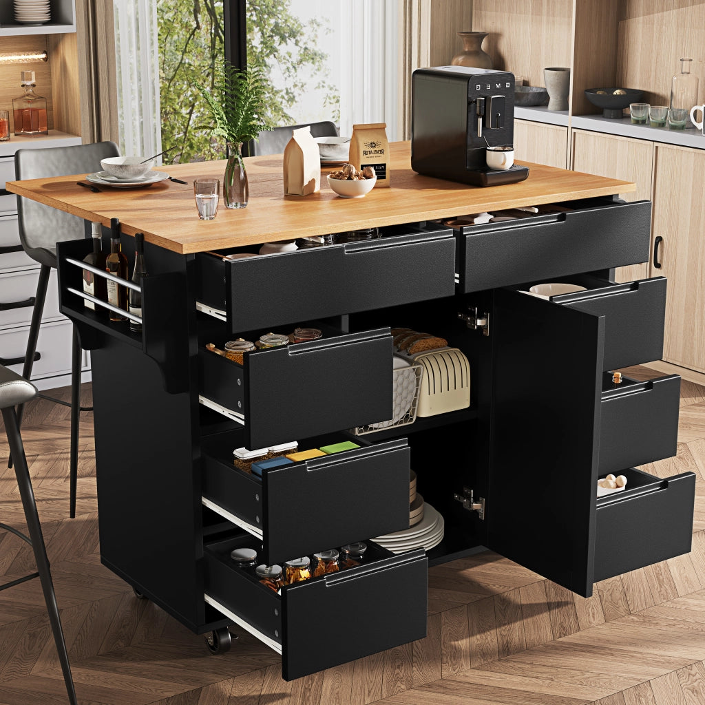 Carrello da Cucina con 8 Cassetti; 1 Anta; Ripiano Regolabile; Piano Ribaltabile e Ruote; in MDF; Nero; 122x46x91;5 cm