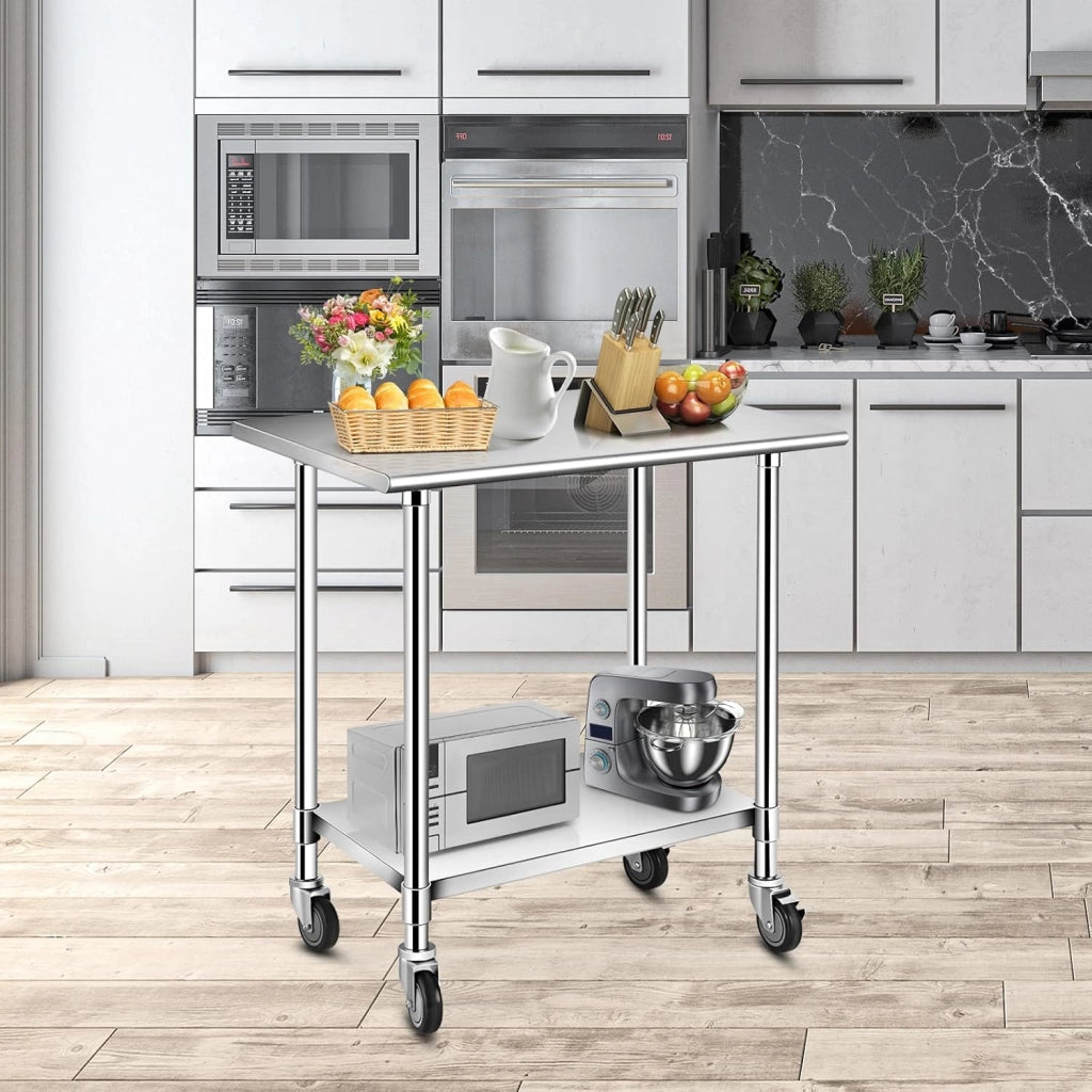 Tavolino da Lavoro, Banco da Lavoro, Tavolo in metallo con Ruote, Tavolo da Cucina in Acciaio, Ideale per Supermercato, Ristorante e Negozio, Elevata Capacità di Carico, Argento