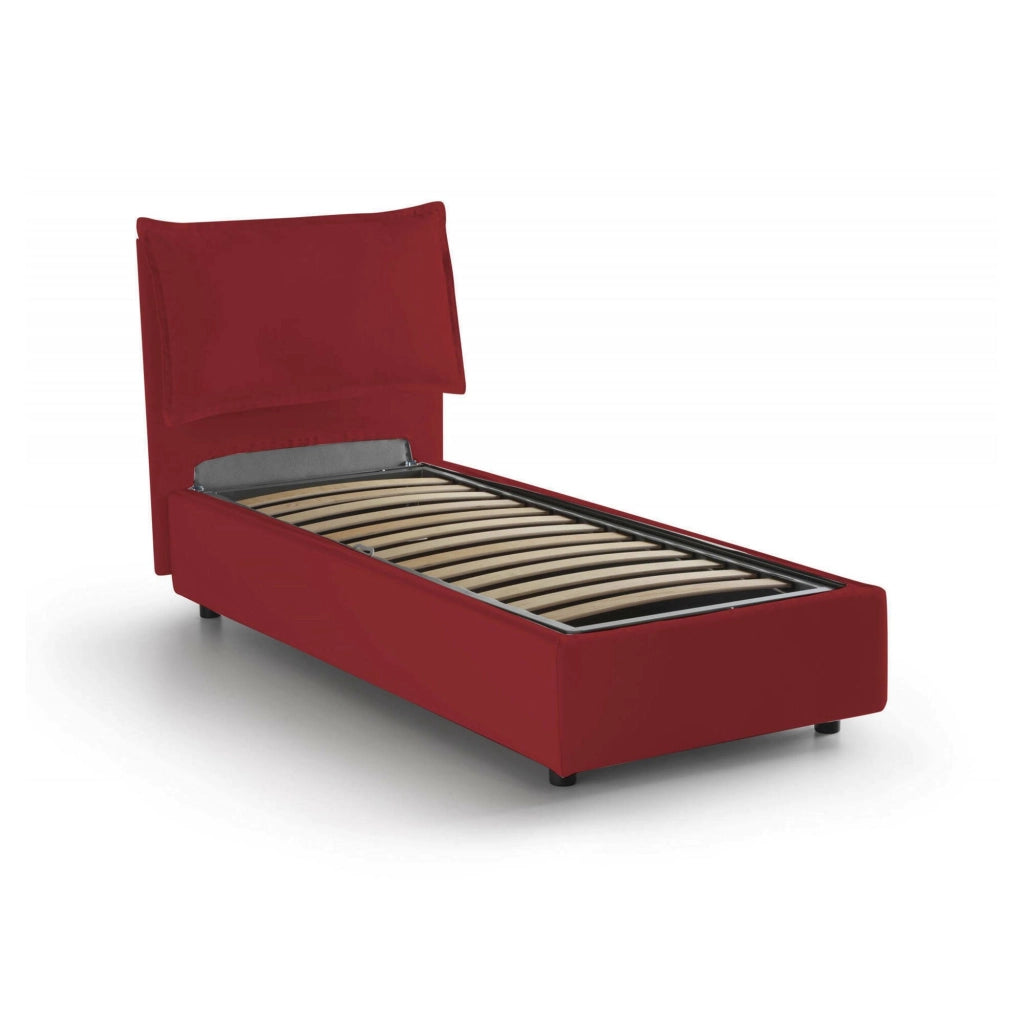 Letto singolo Alto, Letto contenitore con rivestimento in tessuto, Made in Italy, Apertura frontale, adatto per materasso cm 80x190, Rosso