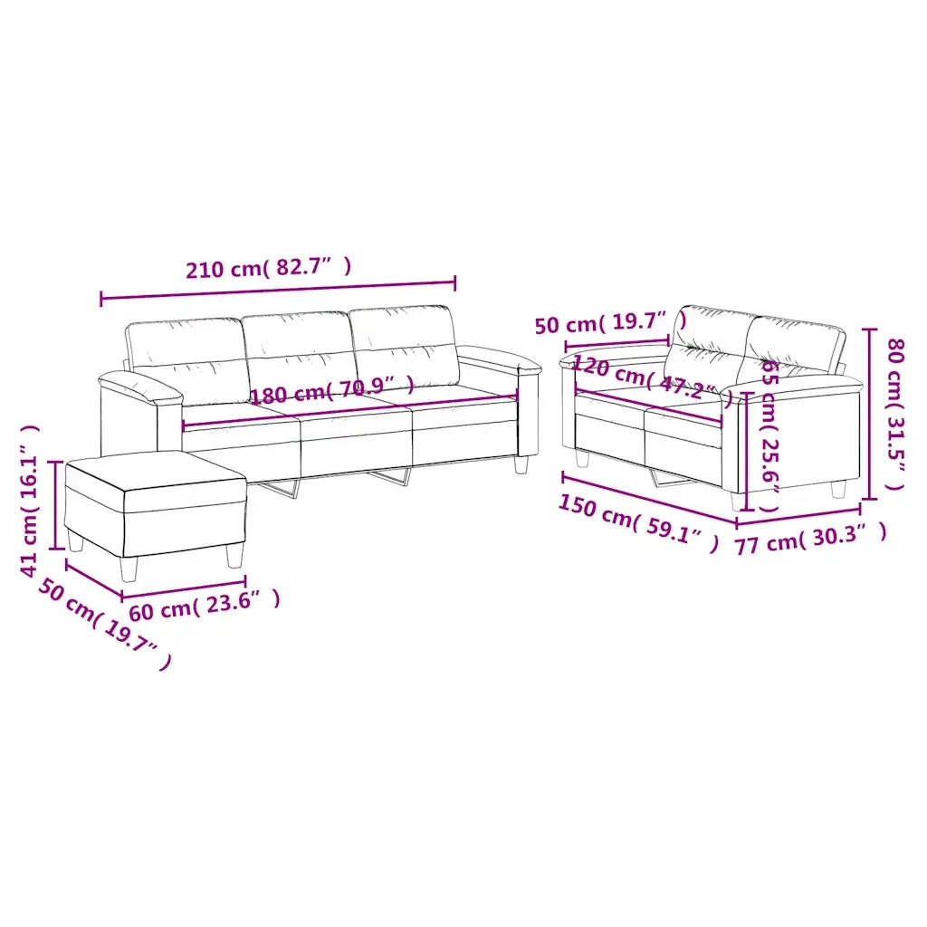 vidaXL Set Divani 3 pz con Cuscini Nero in Tessuto Microfibra