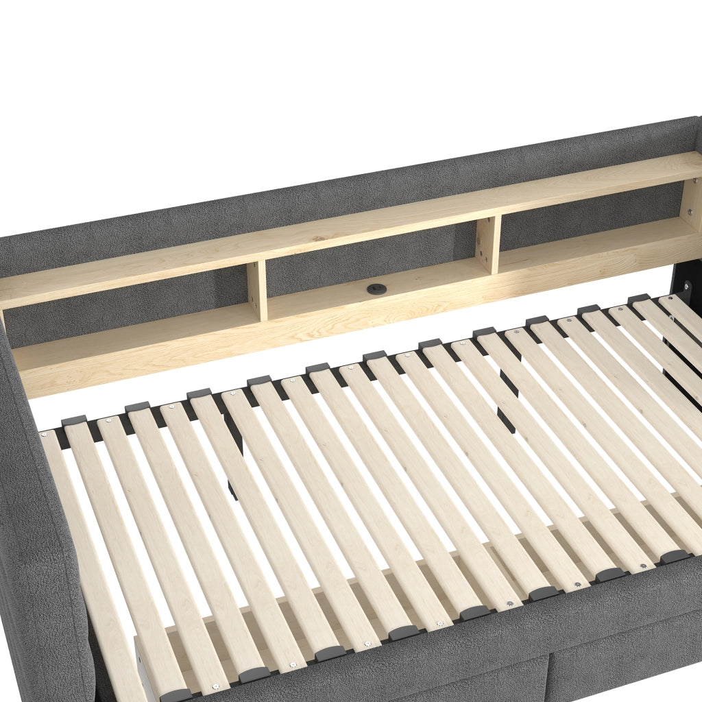 DESMIU Letto estraibile 90 × 190 cm 1 posto con LED, USB, Type-C, 2 cassetti e vani, senza materasso, in velluto grigio