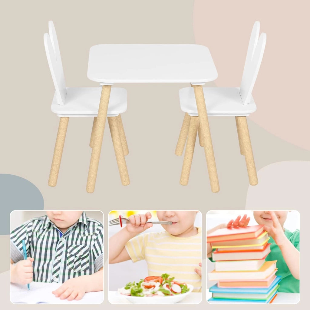 Tavolino e Sedie per Bambini con 2 Sedie, per Mangiare e Dipingere, Forma di Coniglio, Cameretta, Asili Nidi, in MDF e Legno Massello, Bianco e Venature Legno