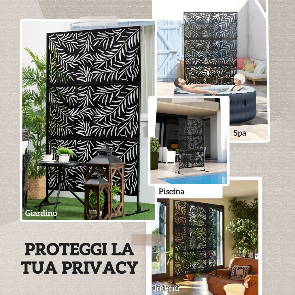 Paravento Separè da Esterno 122x45x198 cm con Motivi a Salice e 2 Piedini in Acciaio Nero