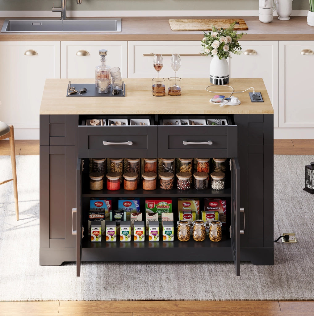 Isola cucina mobile con piano ribaltabile 120x40(65) cm in MDF nero e naturale
