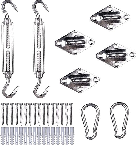 Set di accessori per montaggio di strutture in acciaio inossidabile (2 viti span, 2 ganci di carabina, 4 fermagli di parete)