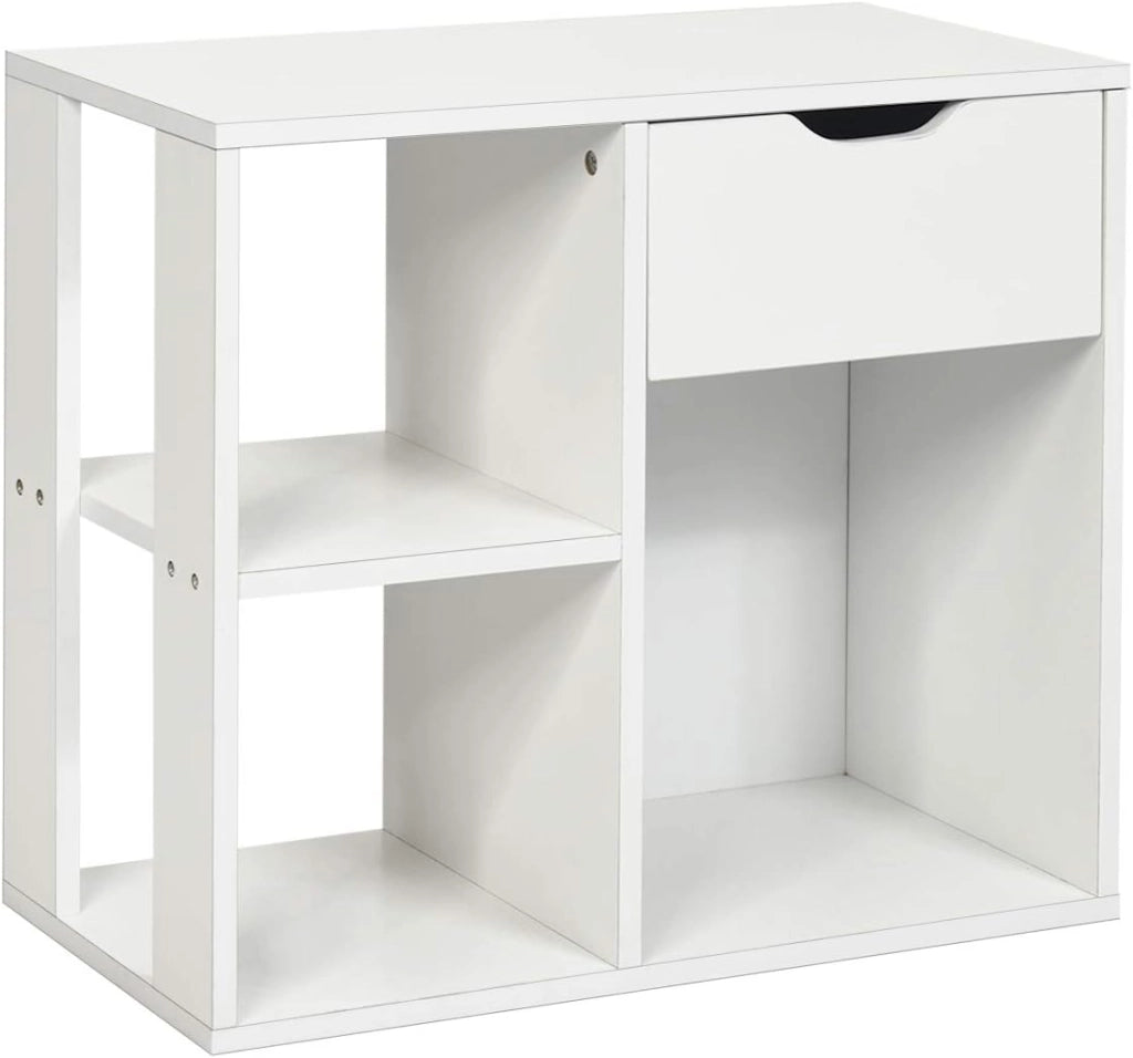 Tavolino Bianco Industriale a 3 Livelli con Ripiano,Comodino con Ruote per Camera,Soggiorno,Bianco