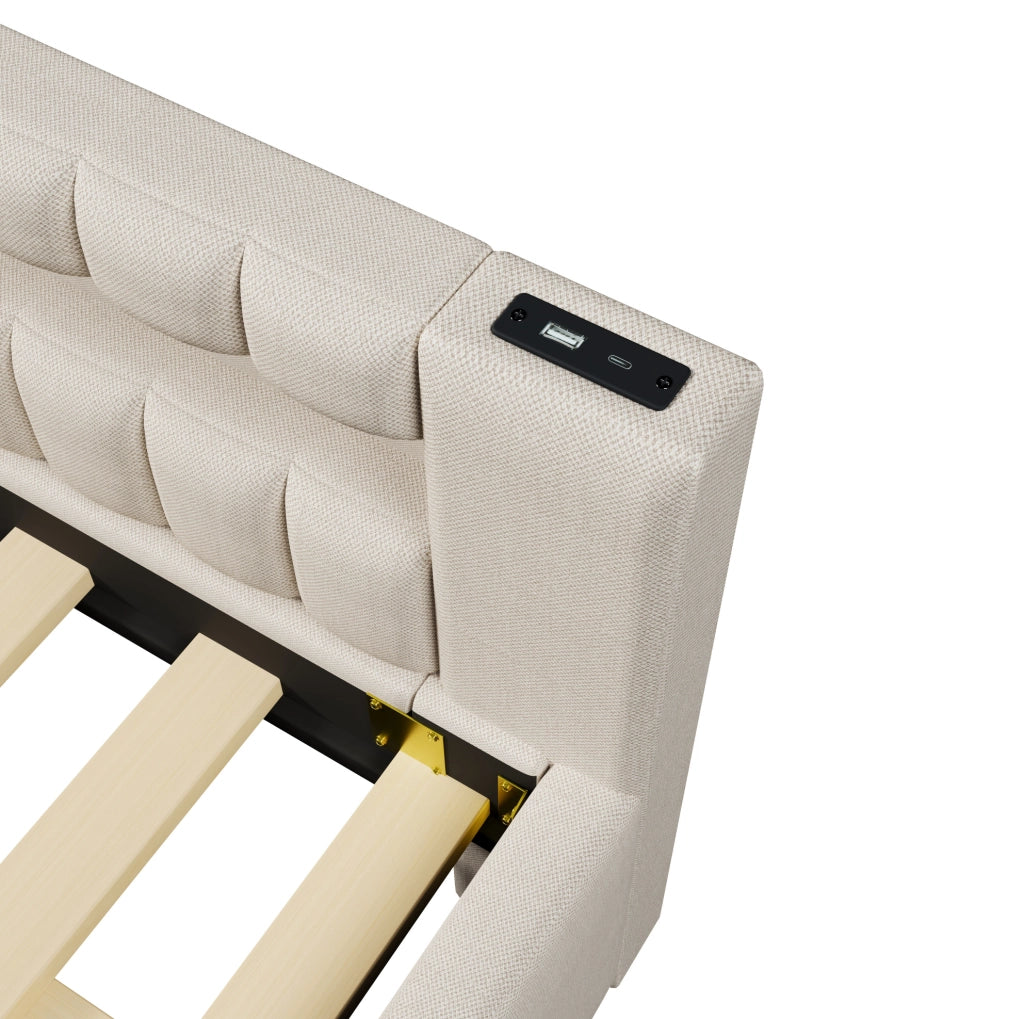 Letto singolo 140x200 cm con letto estraibile, LED e porte USB/Type-C beige HAVRYA