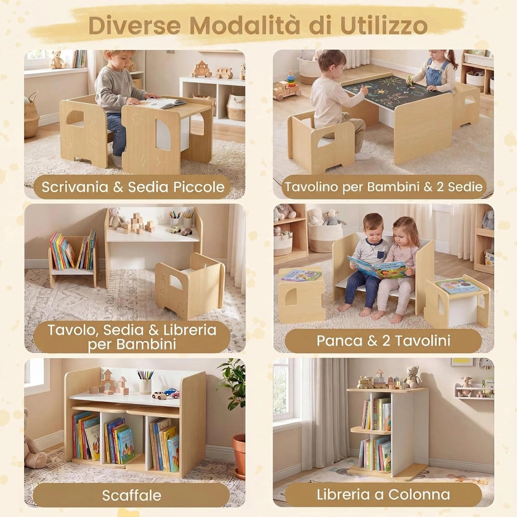 Set Tavolo e 2 Sedie per Bambini, Tavolo e Sedie Salvaspazio per Bambini 3+ Anni con Lavagna per Disegnare e Piedini Antiscivolo, per Camerette, Soggiorno e Studio (Naturale)