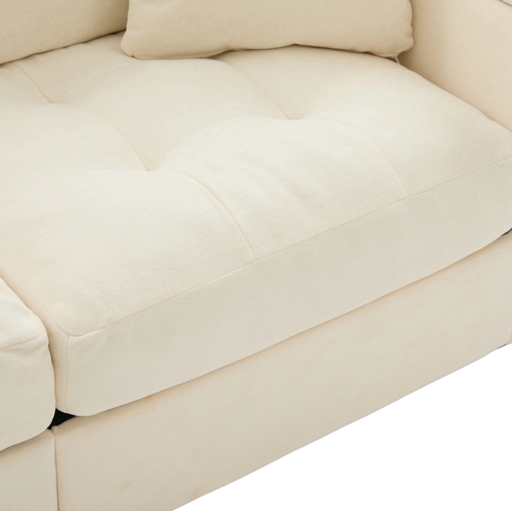 Divano 2 posti in chenille beige con contenitore nei braccioli, tasche laterali e 2 cuscini