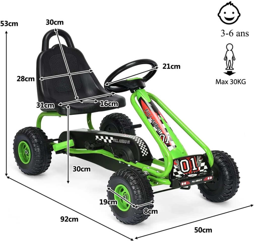 Go Kart a Pedali per Bambini, Macchina per Bambini con Sedili Regolabili in 2 Posizioni e 4 Ruote Antisdrucciolo, Trazione Anteriore e Posteriore, Carico 30 kg, per Bambini di 3 Anni + (Verde)