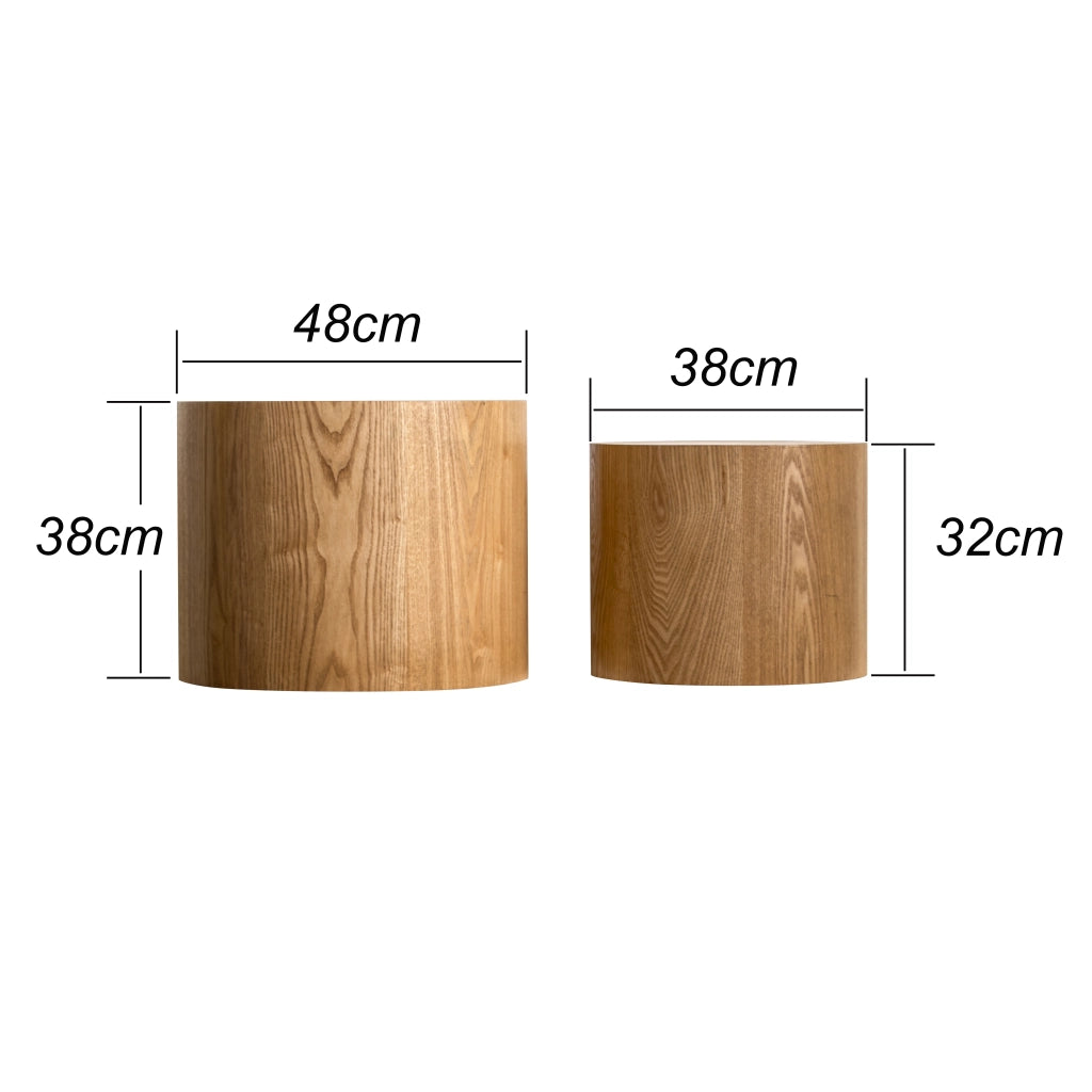 Tavolini bassi impilabili set da 2 con piano effetto anello naturale, per soggiorno, in legno e MDF, stile moderno