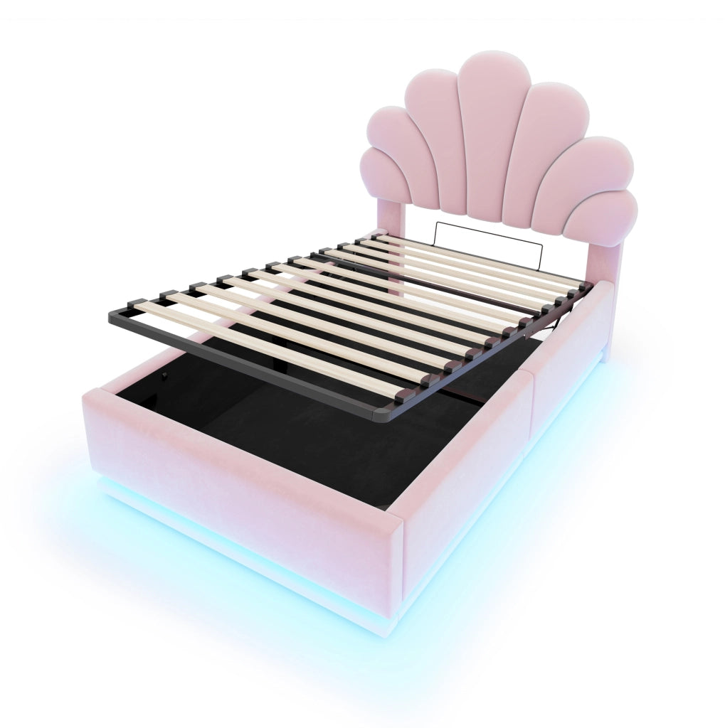 Letto imbottito 90x200 cm rosa con contenitore idraulico e LED