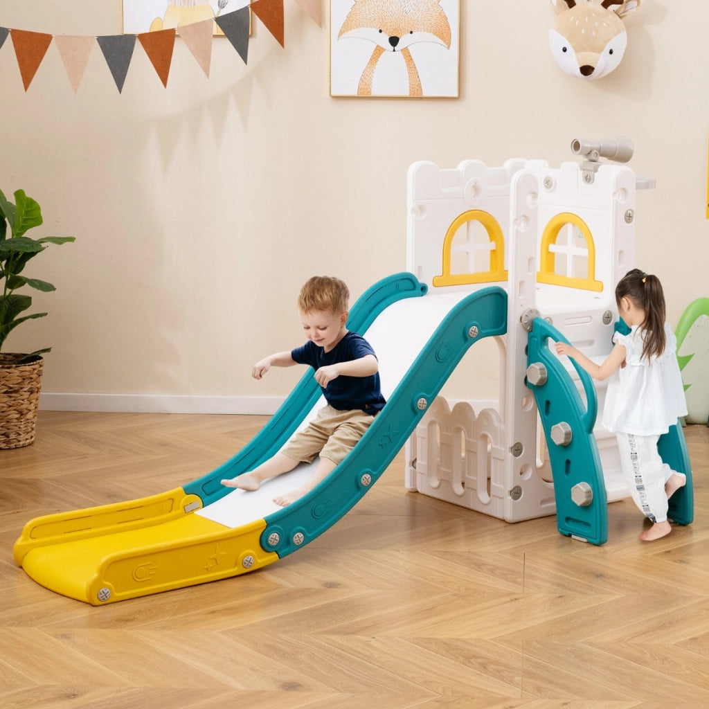 Scivolo per interni con canestro da basket e telescopio con spazio-6 in 1 scivolo toddler a forma di L di archiviazione Verde e bianco