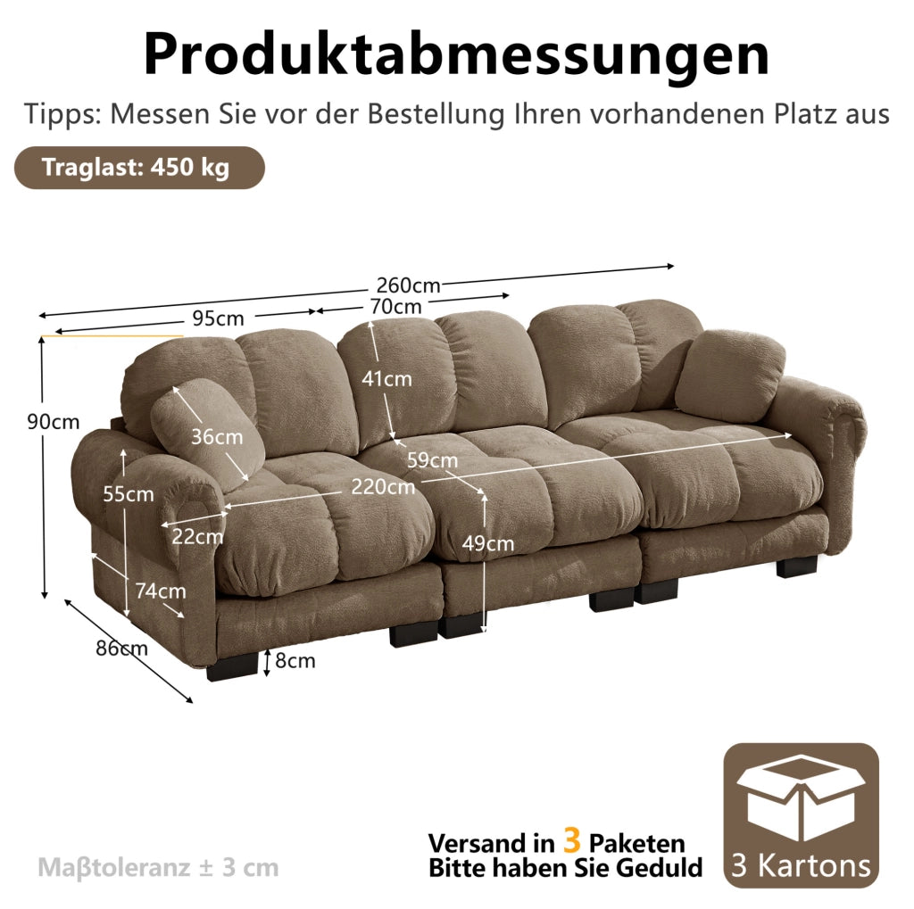 Divano modulare 3 posti 260x86x90 cm in chenille marrone con cuscini trapuntati