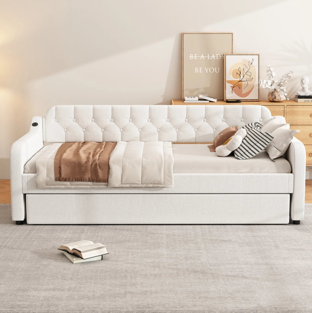 Divano letto estraibile 90x200 cm con porta USB; in lino beige