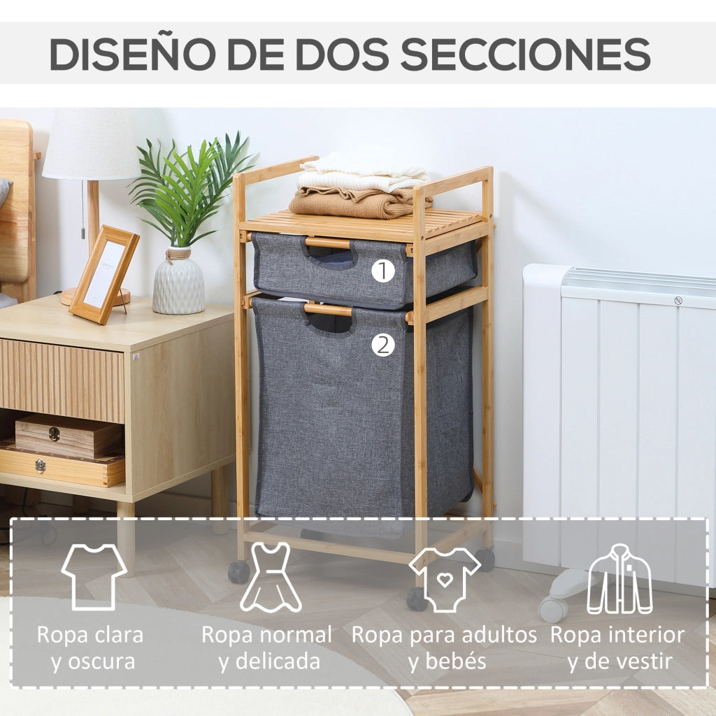 Cestino per Biancheria in Bamb¨´ con 2 Sacchetti e Ruote ¨C Zephmum ¨C Grigio 42x35x84,5 cm
