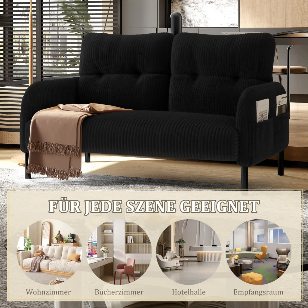 Divano Lineare 2 Posti con Schienale Alto e Tasca Laterale Comfort Ergonomico Piedi in Metallo in Velluto a Coste Nero
