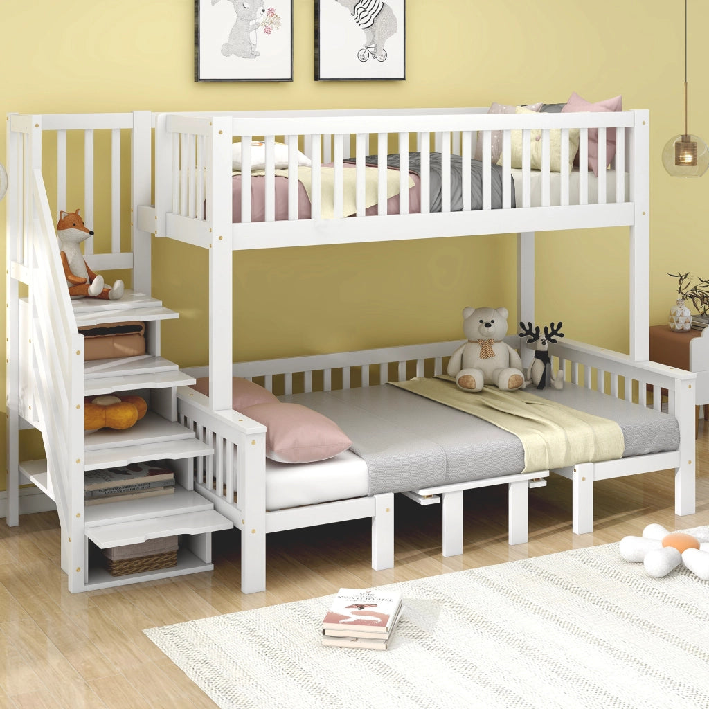 DESMIU Letto a castello 2 posti con scala contenitore, tavolo ribaltabile e barriera, 90 × 200 e 120 × 200 cm, senza materasso