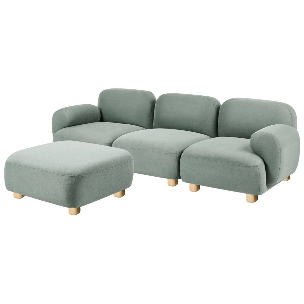 Divano modulare a 3 posti in tessuto con pouf tre elementi idrorepellente gambe in legno verde chiaro stile moderno