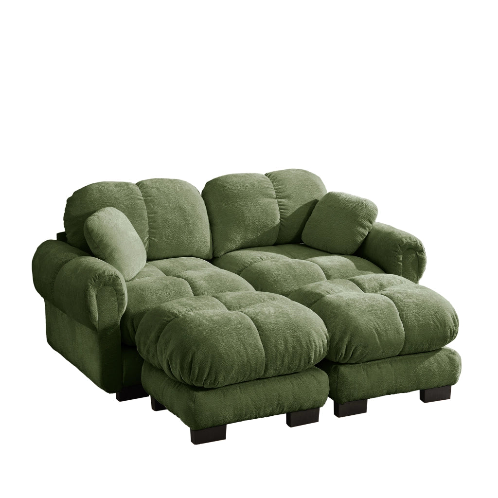 Divano modulare 2 posti - con pouf mobile e cuscini trapuntati - in chenille verde