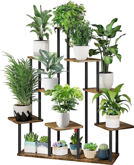 Pannello a 9 livelli in legno con fiori, pannello per piante, base a più livelli per fiori, base per piante, banco per fiori, scala per fiori, scala per piante, pannello base per giardino interno, decorazione per balcone (nero)