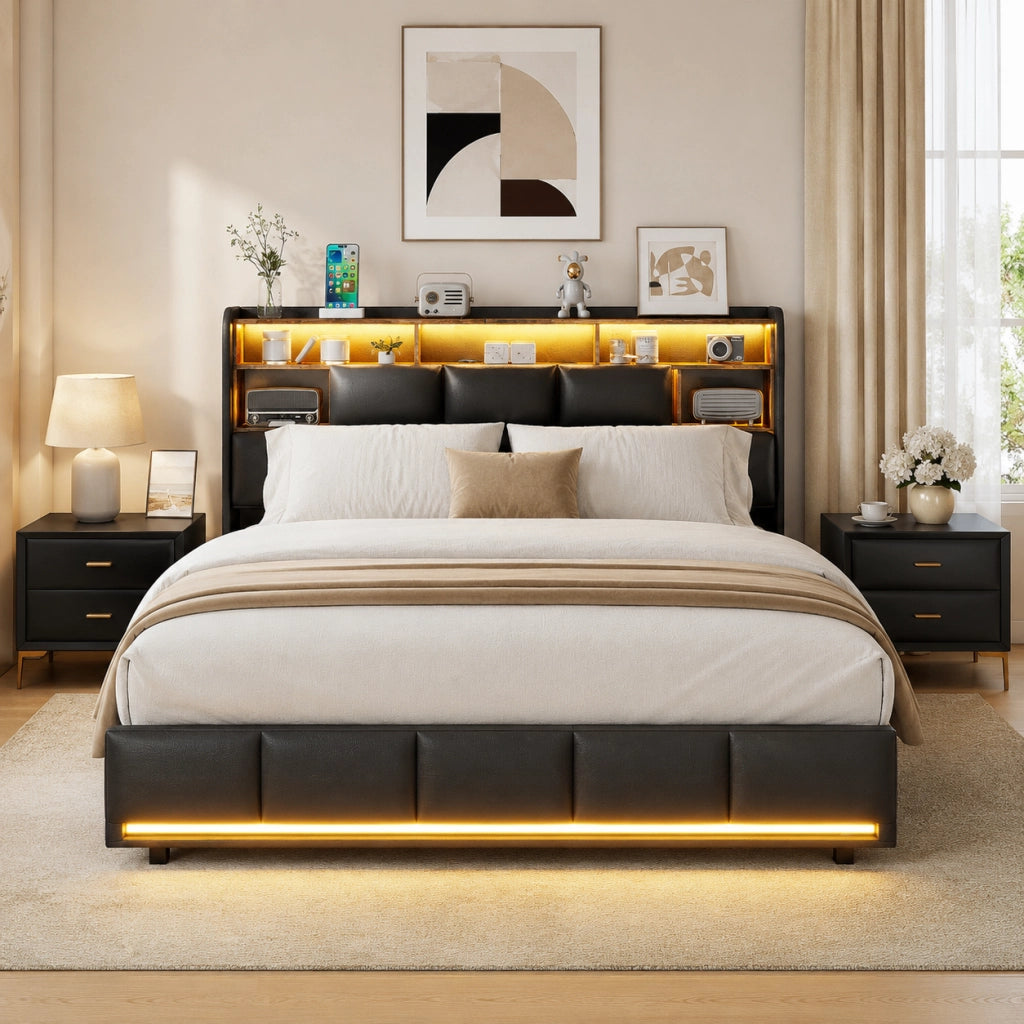 Letto matrimoniale con contenitore idraulico, testiera con vani, LED RGB, pelle sintetica nera, 140x190 cm, con porte USB e presa di corrente