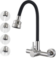 Wandmontata cucina con getto a 360° di gomma siliconica flessibile nera, miscelatore a un giro per cucina con doccia a 4 getti, in acciaio inox liscio.