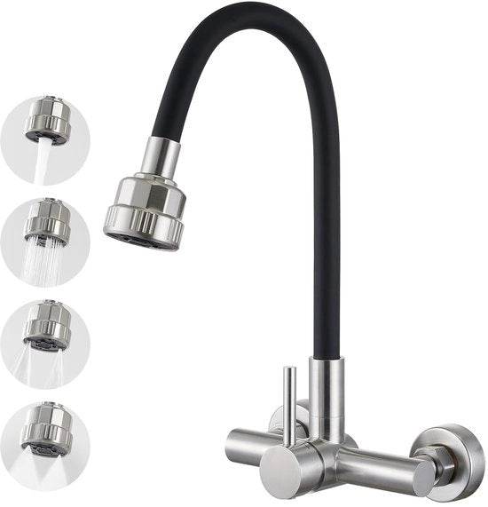 Wandmontata cucina con getto a 360° di gomma siliconica flessibile nera, miscelatore a un giro per cucina con doccia a 4 getti, in acciaio inox liscio.