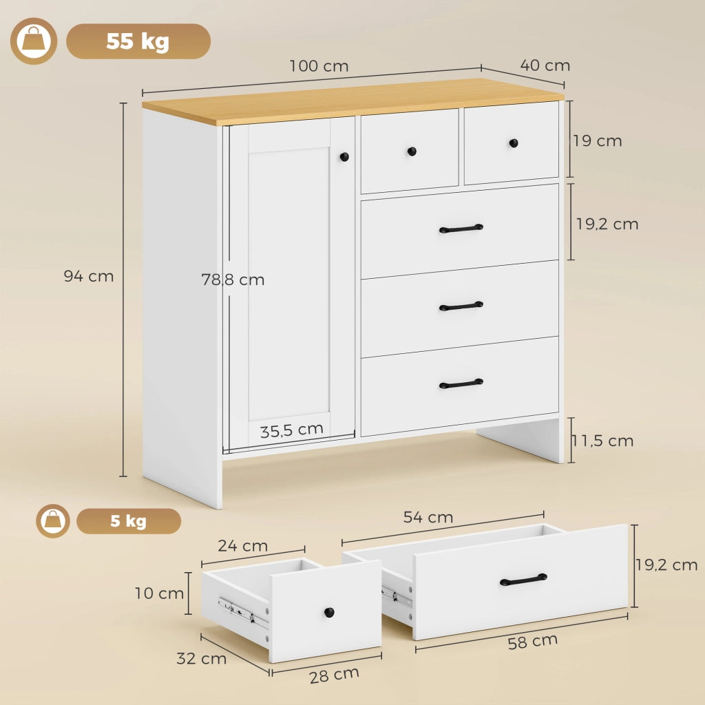 Credenza con 5 Cassetti e Anta Stile Rustico ¨C Xylo ¨C Bianco 100x40x94 cm