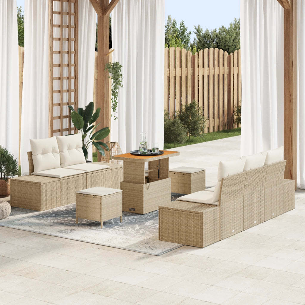 Set da Giardino  8 Pezzi con Cuscini Beige in Polyrattan e Acacia