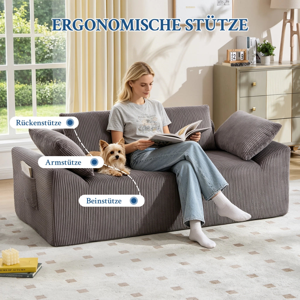 Canapé basso senza struttura con tasche laterali e schiuma memory per salotto e camera da letto in tessuto marrone grigio