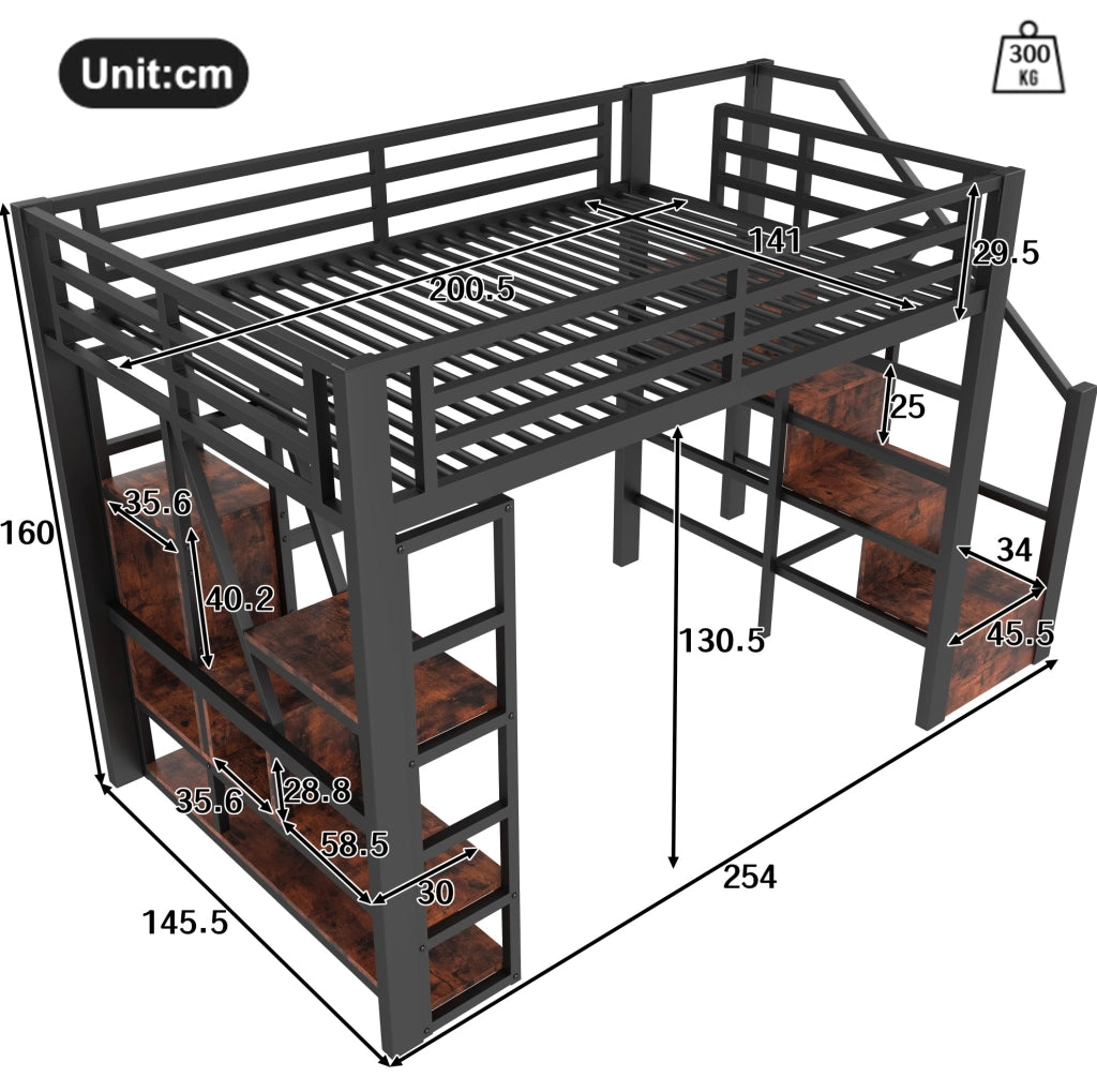 Letto a soppalco 140x200 cm nero in metallo e MDF con LED, scaffali e scala contenitore