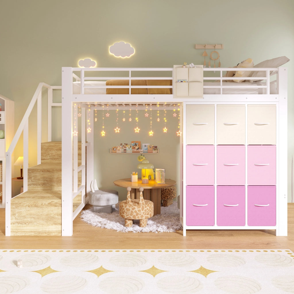 Letto a Soppalco 140x200 cm; Cassetti; Appenderia e Scala contenitore - Bianco