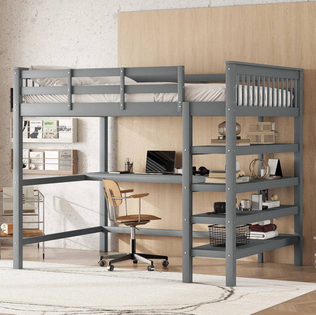 Letto a soppalco 140x200 cm con scrivania e scaffali, grigio