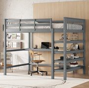 Letto a soppalco 140x200 cm con scrivania e scaffali, grigio