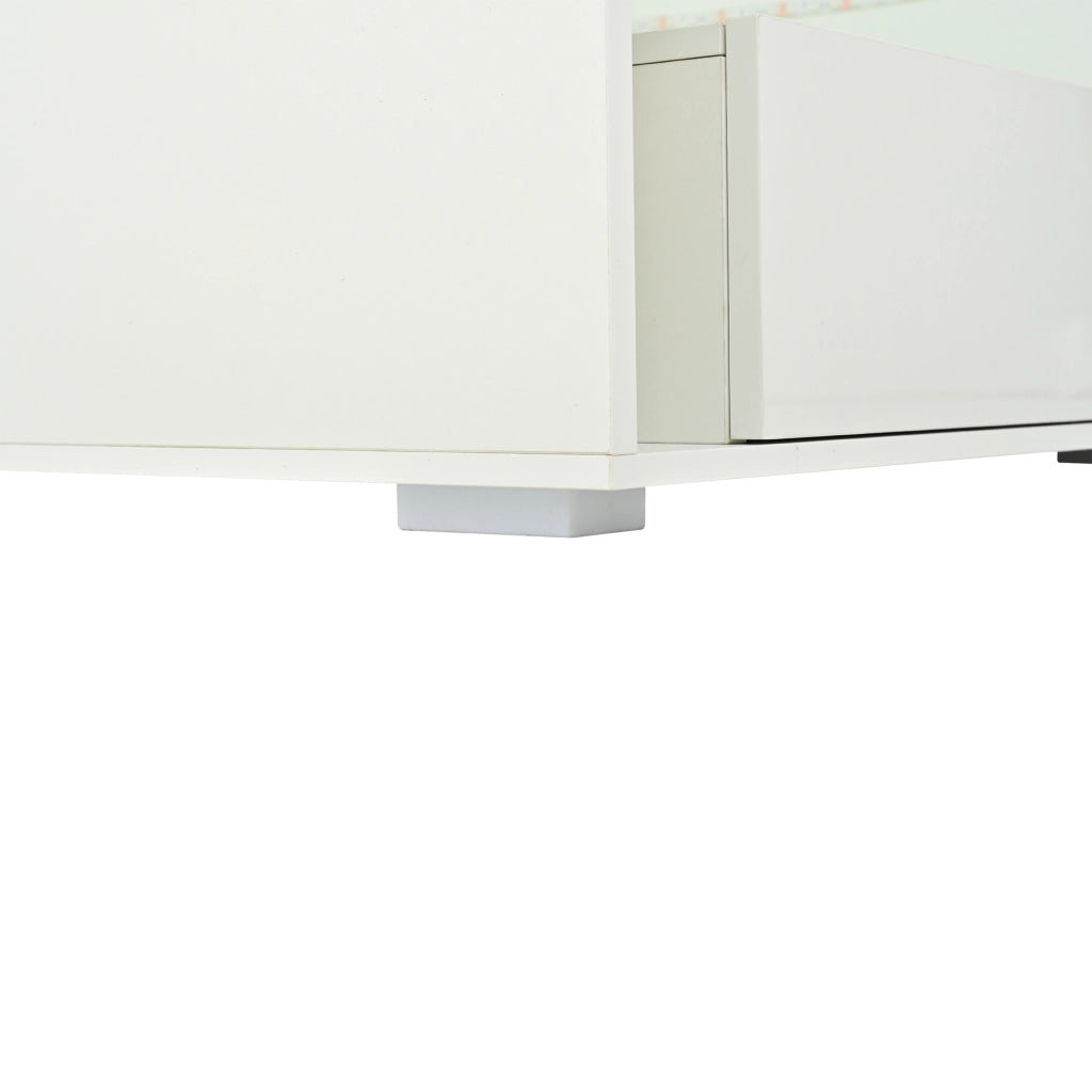 Tavolino basso con 2 cassetti piano in vetro temperato LED e vano centrale in MDF bianco 70 × 70 × 35 cm