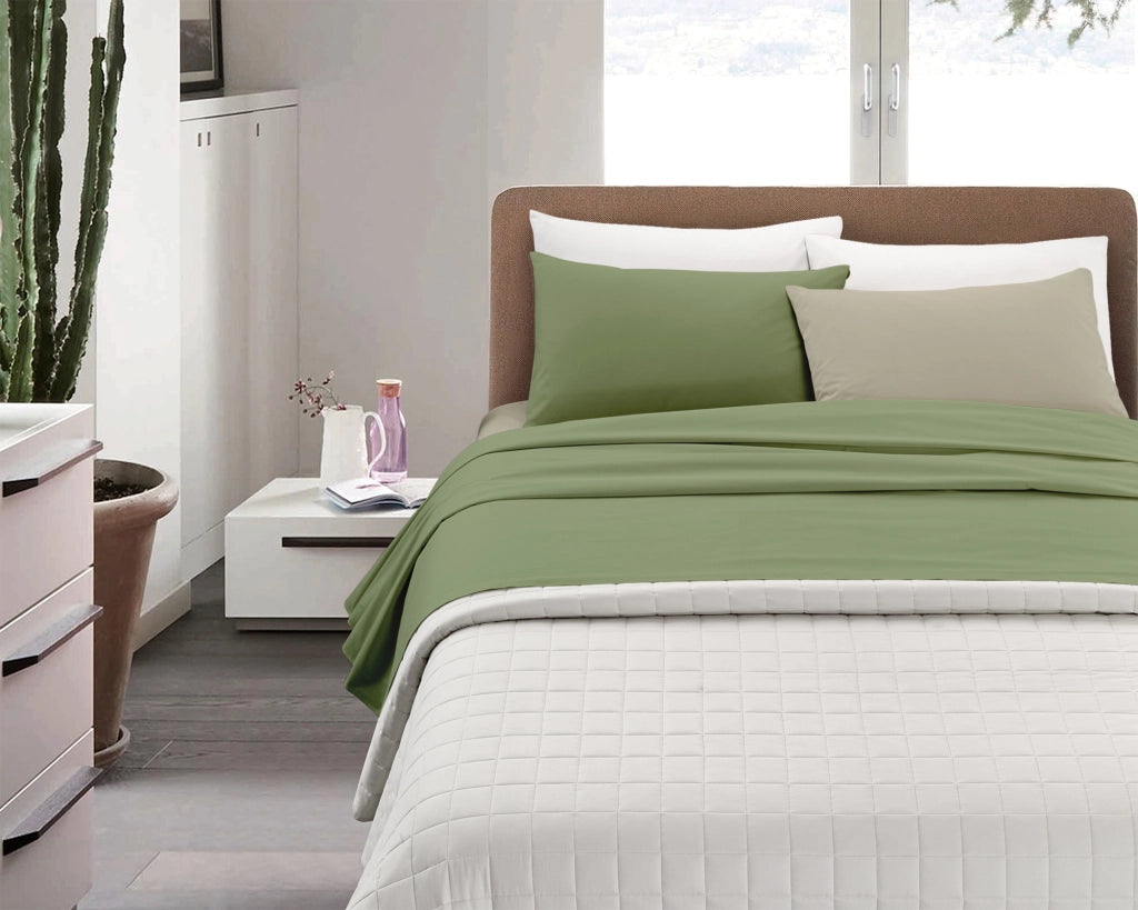 Completo Lenzuola Invernali Felpate In Calda Flanella Bicolore Set Biancheria Da Letto Anti Pilling Lenzuolo Sopra,Sotto Con Angoli Elasticizzati E Federe Prodotto Certificato Verde-panna - Matrimoniale