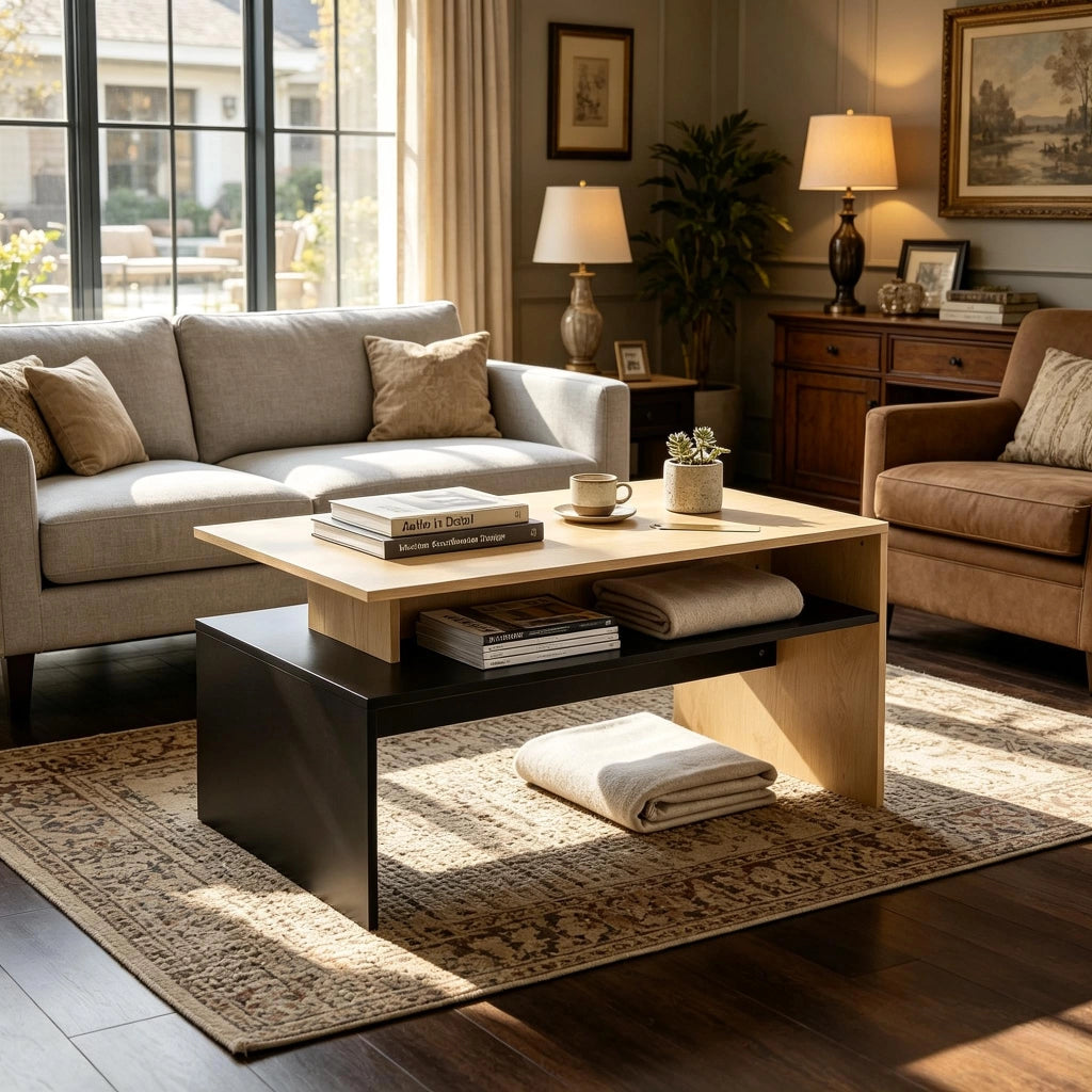 Tavolino basso con ripiano aperto, finitura bicolore, per soggiorno, in MDF, nero e naturale, stile moderno, 95 × 55 cm