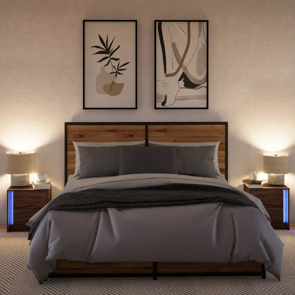 Comodini con Luci LED 2pz Rovere Marrone in Legno Multistrato