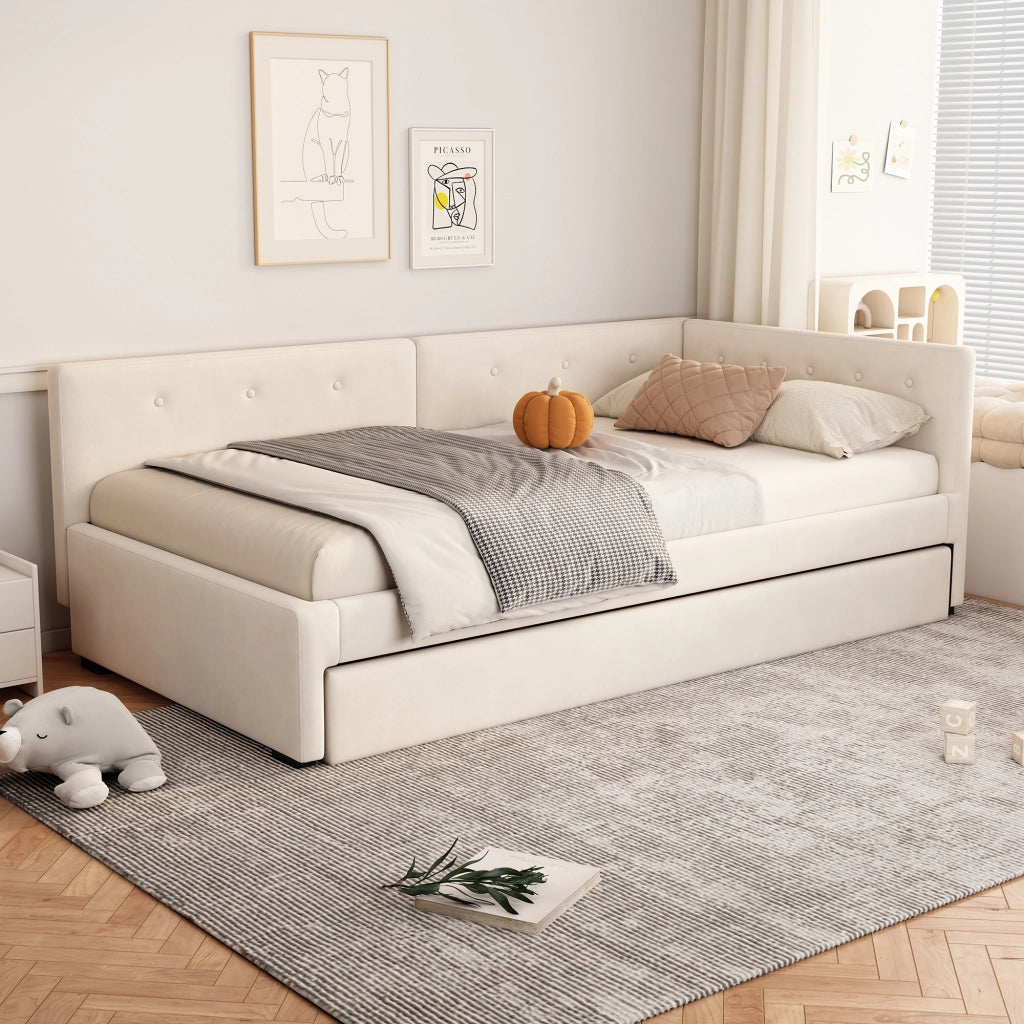 Letto estraibile singolo 90×200 cm con rete e testiera; senza materasso; velluto e MDF; beige